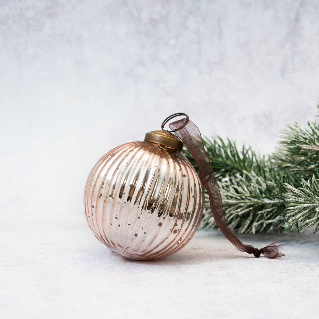 3" Rose Glass Ribbed Ball Decoration