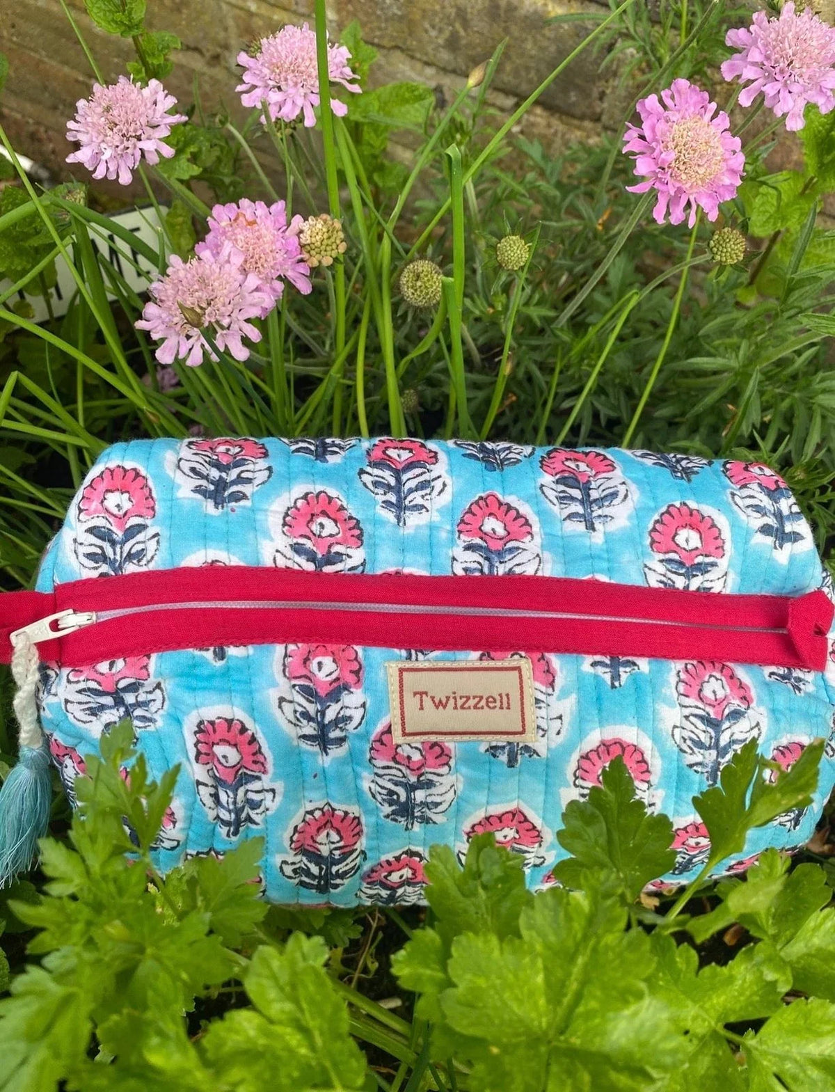 Quilted Wash Bag - Blue with Pink Flower