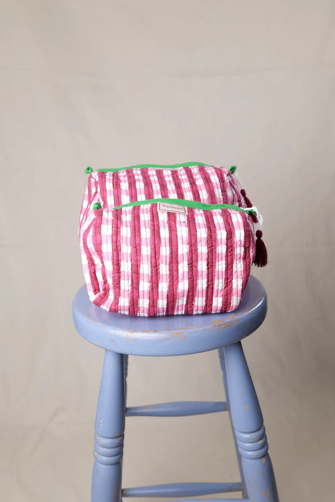 Medium Quilted Wash Bag - Red & Pink Gingham