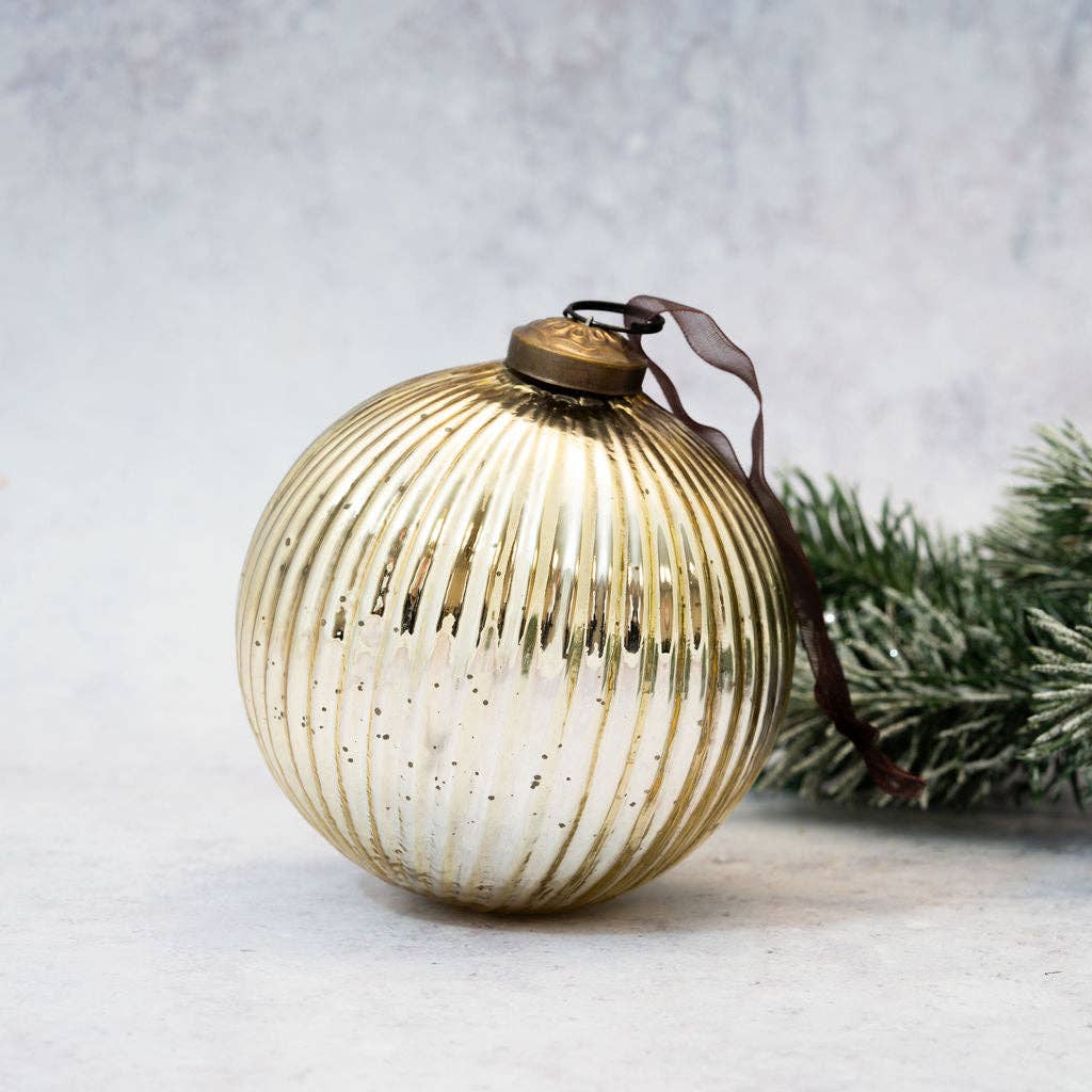 4" Gold Glass Ribbed Ball Decoration