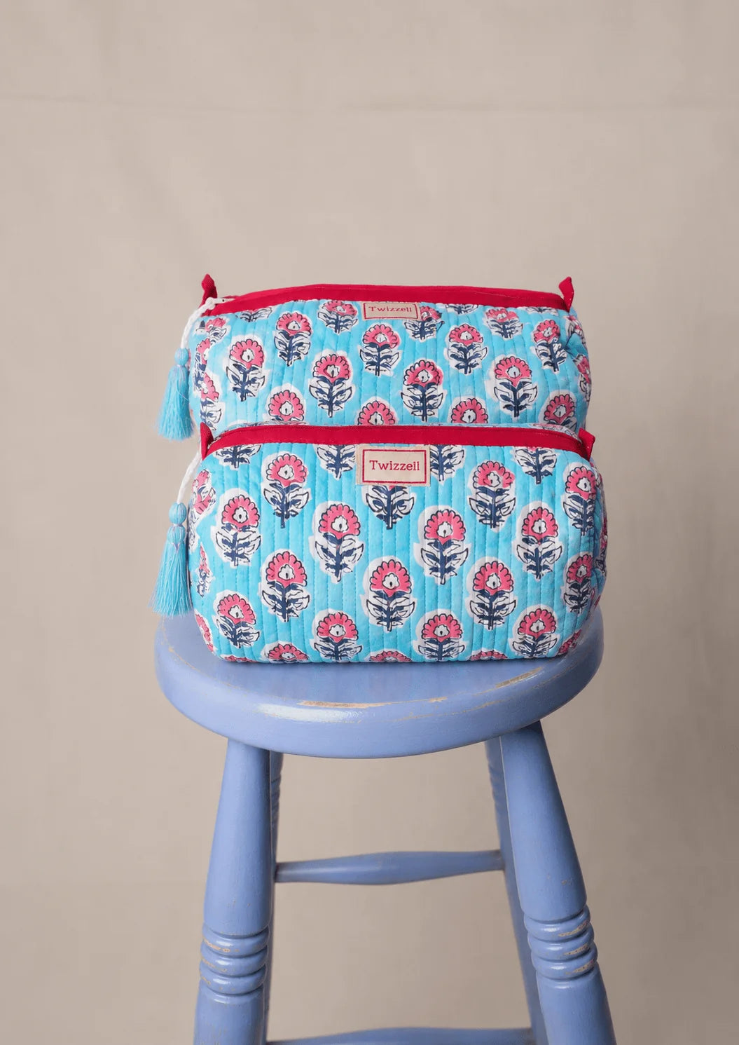 Quilted Wash Bag - Blue with Pink Flower